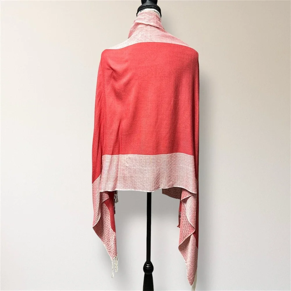 Pashmina‎ 100% Pashmina Jacquard Fringe Shawl Wrap Pink Coral Reversible Travel